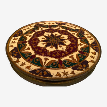Circular brass tray with Middle Eastern enameled decoration