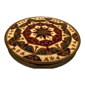 Circular brass tray with Middle Eastern enameled decoration