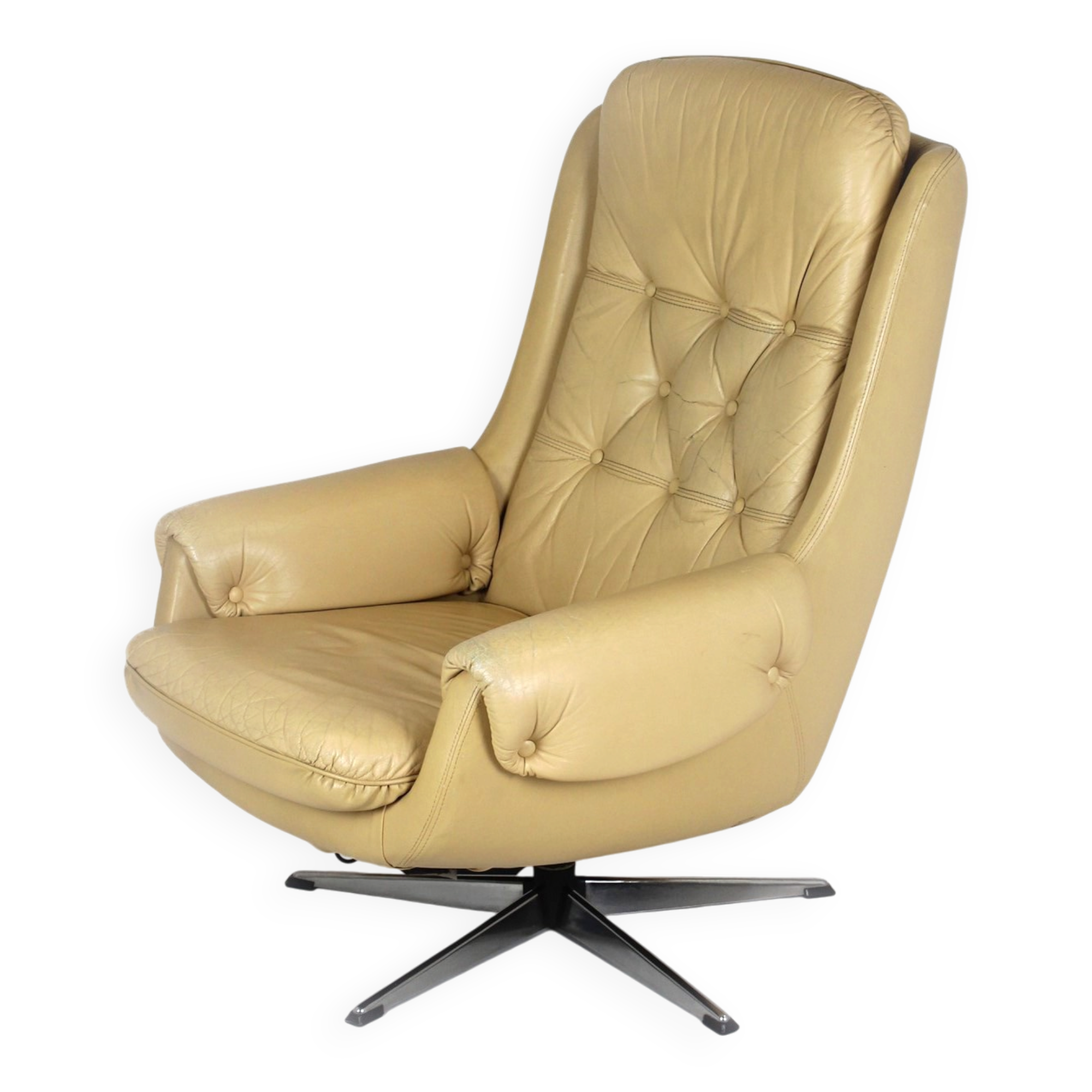 Vintage Finnish Leather Swivel Lounge Chair with Adjustable Recline, 1970s
