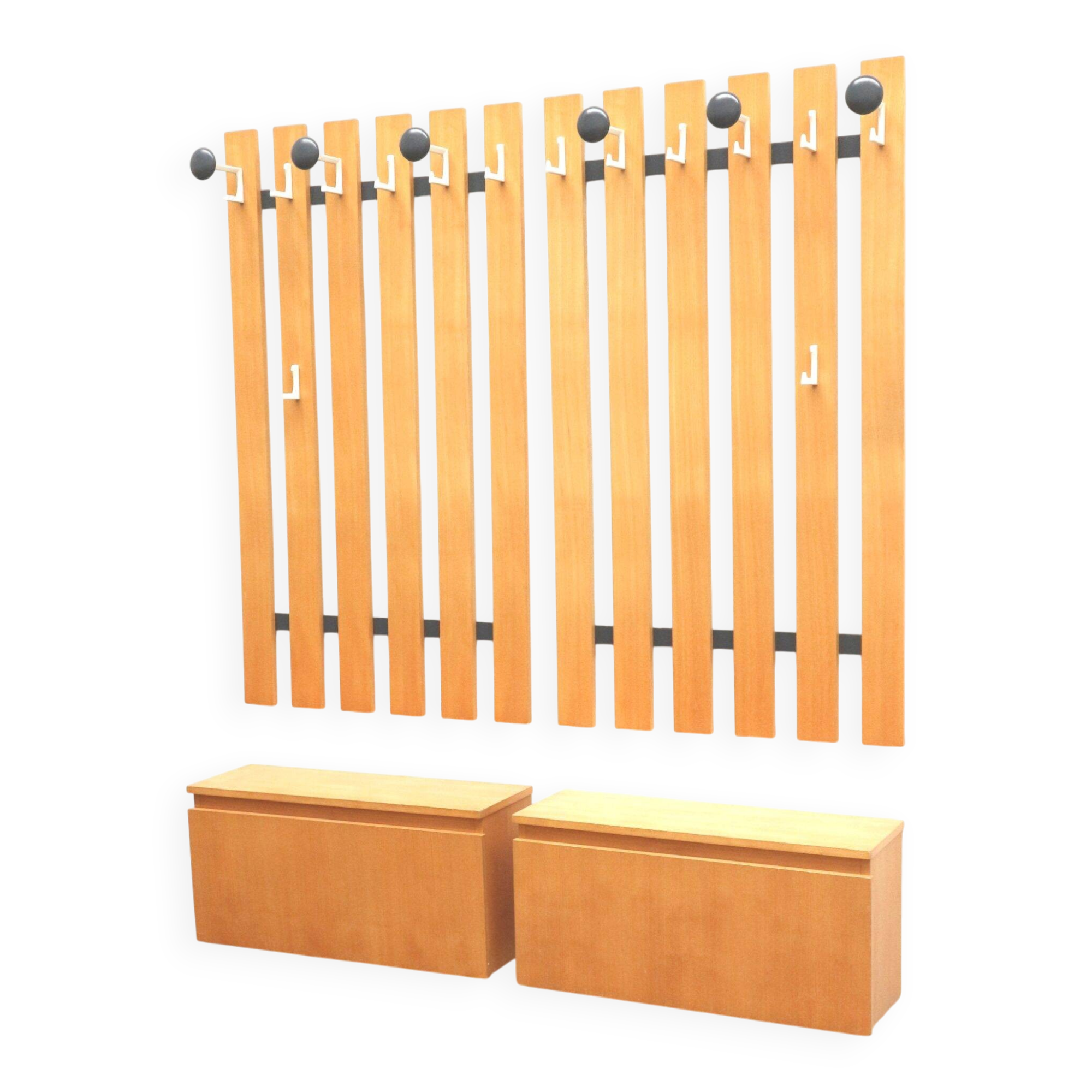 Large vintage coat rack with integrated sideboard, dating from the 1970s
