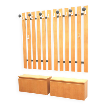 Large vintage coat rack with integrated sideboard, dating from the 1970s