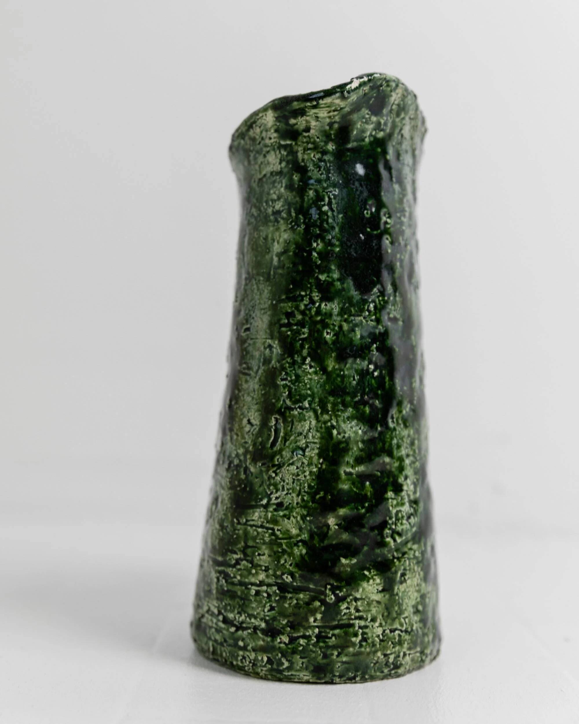 Vintage 1970s studio ceramic vase or pitcher, glazed green.