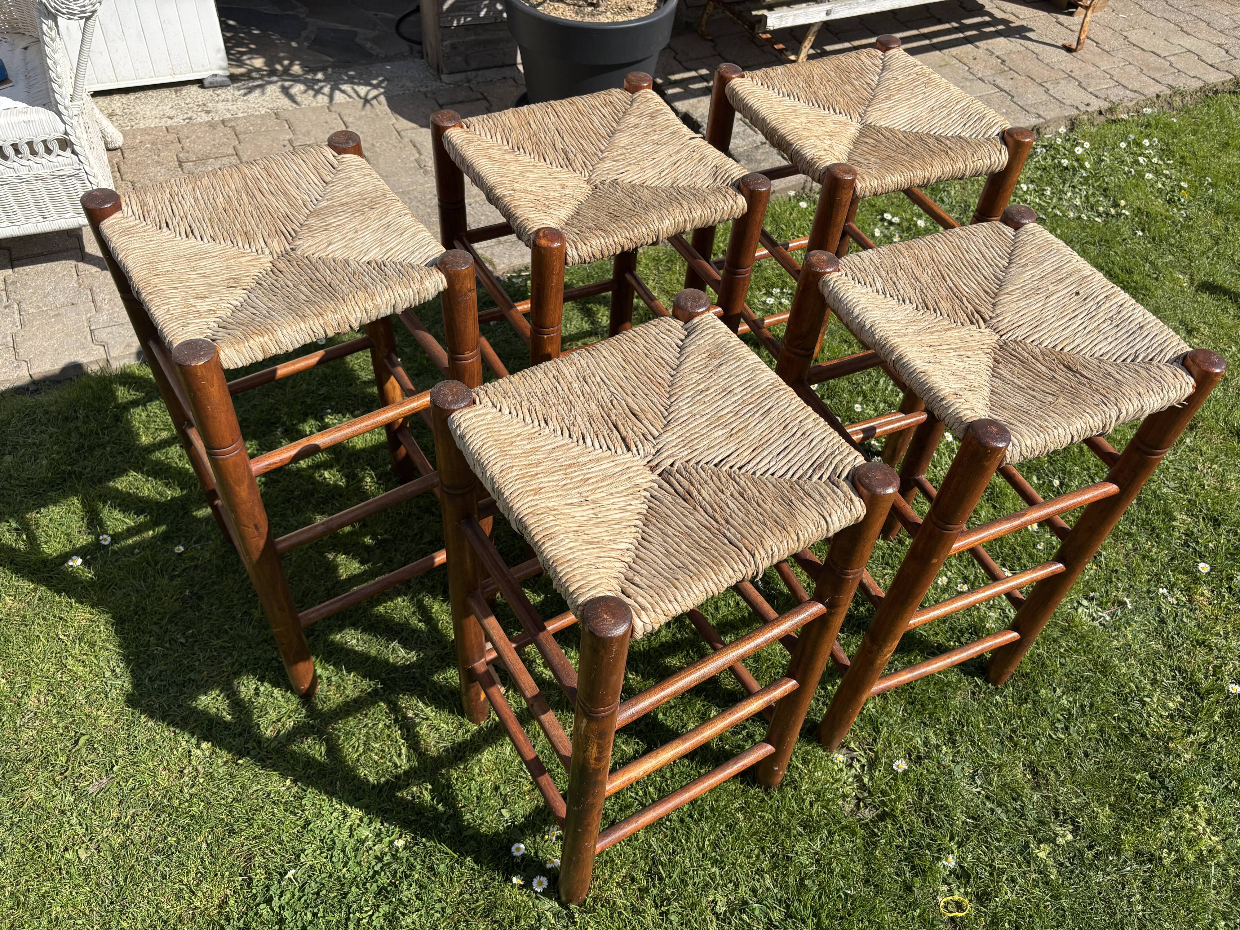 5 Charlotte Perriand-style wooden and straw bar stools