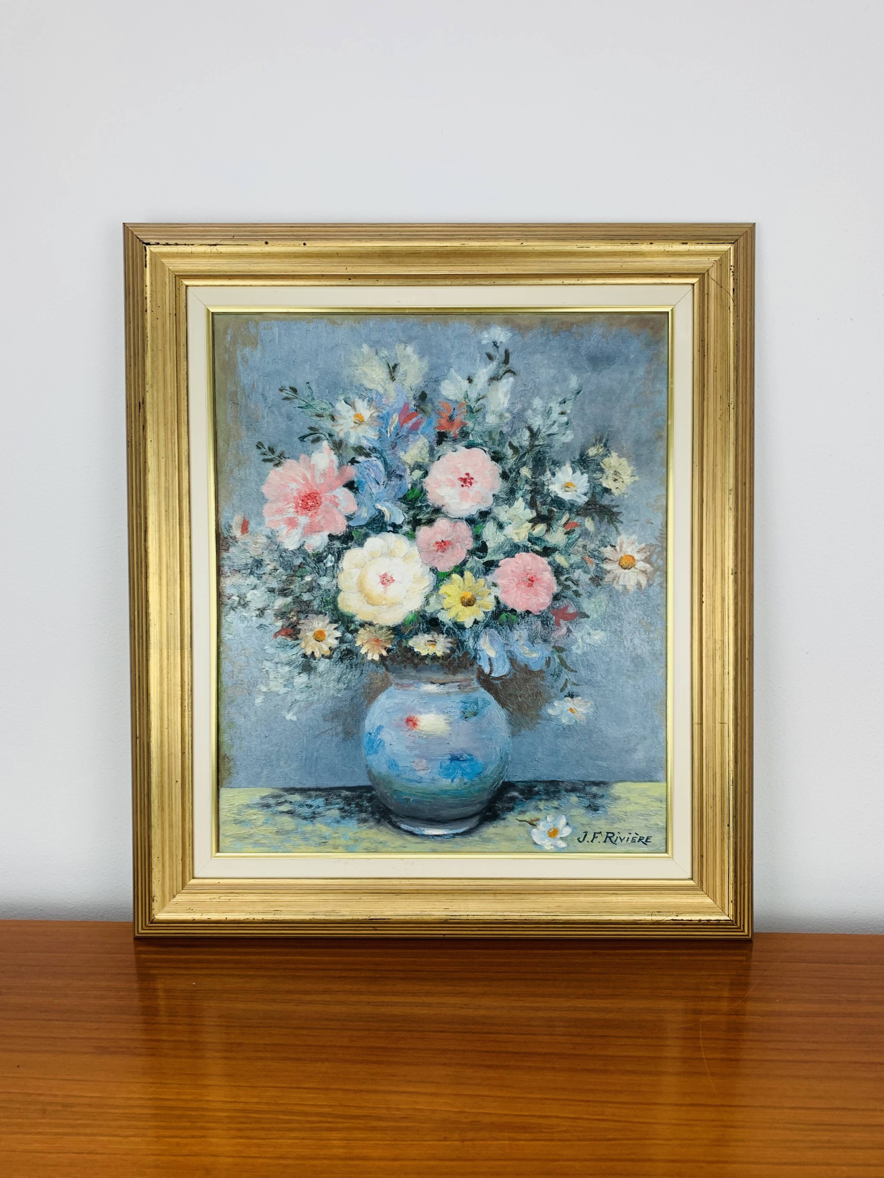 Still life painting of a bouquet of flowers, golden frame
