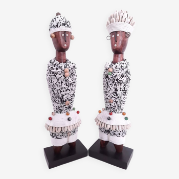 Couple of African Namji dolls from Cameroon in wood, goddess of fertility