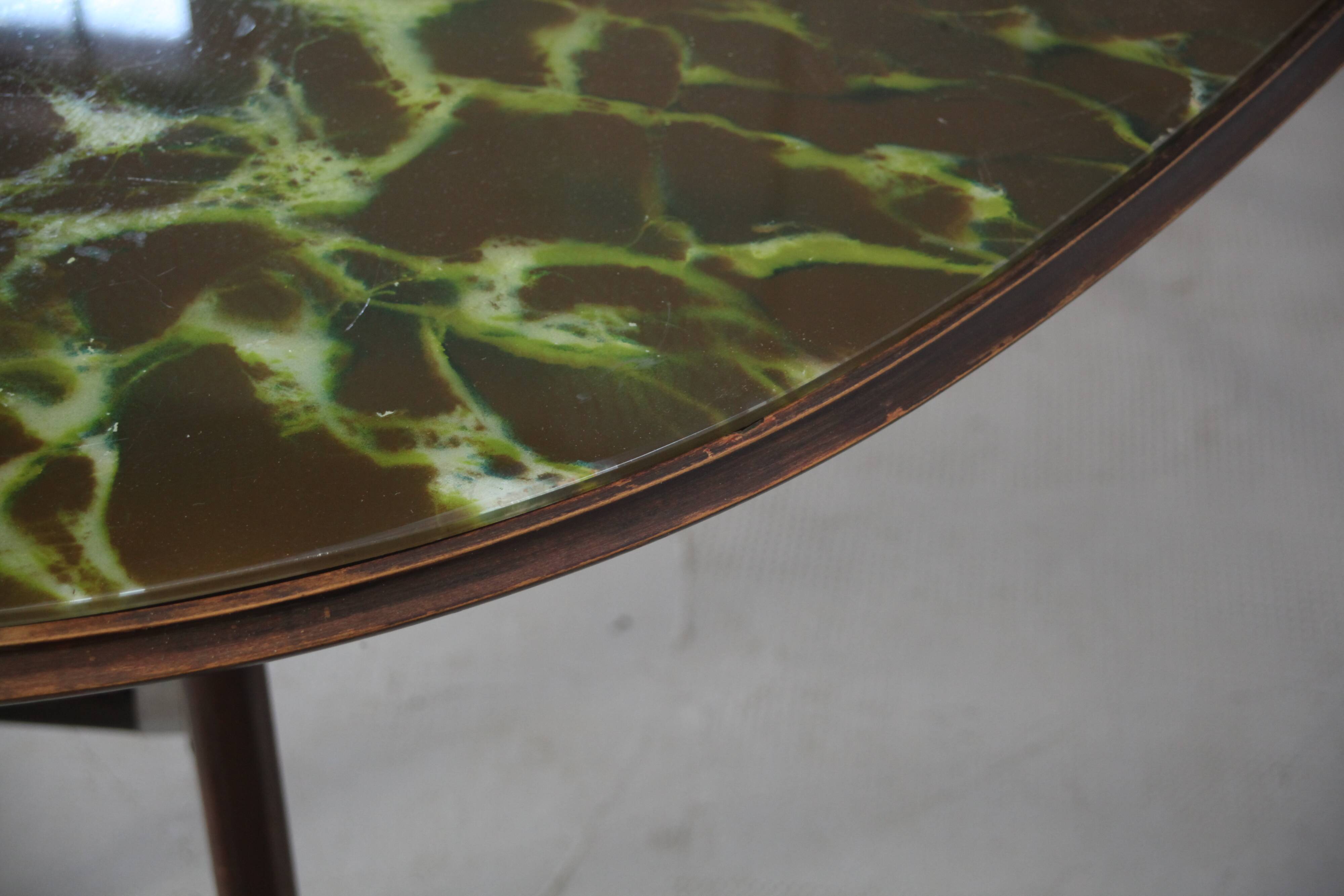 Midcentury Italian Oblong Marble Effect Table With Wood Base.