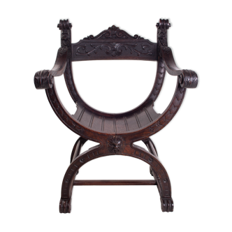 19th Century Antique Oak Florentine Savonarola Dante Luther Throne X Frame Chair