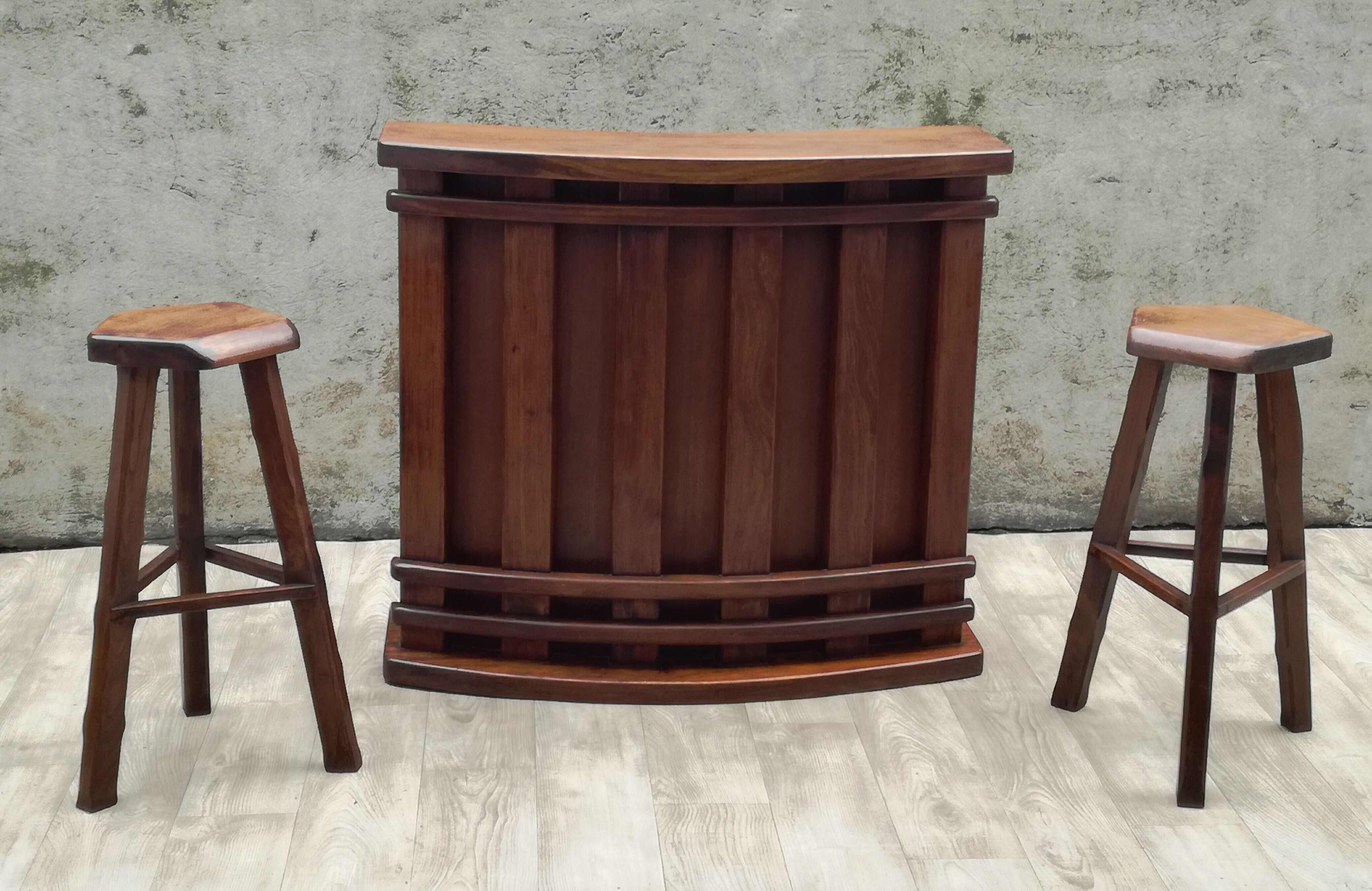 Bar and 2 brutalist stools in massive elm circa 1960
