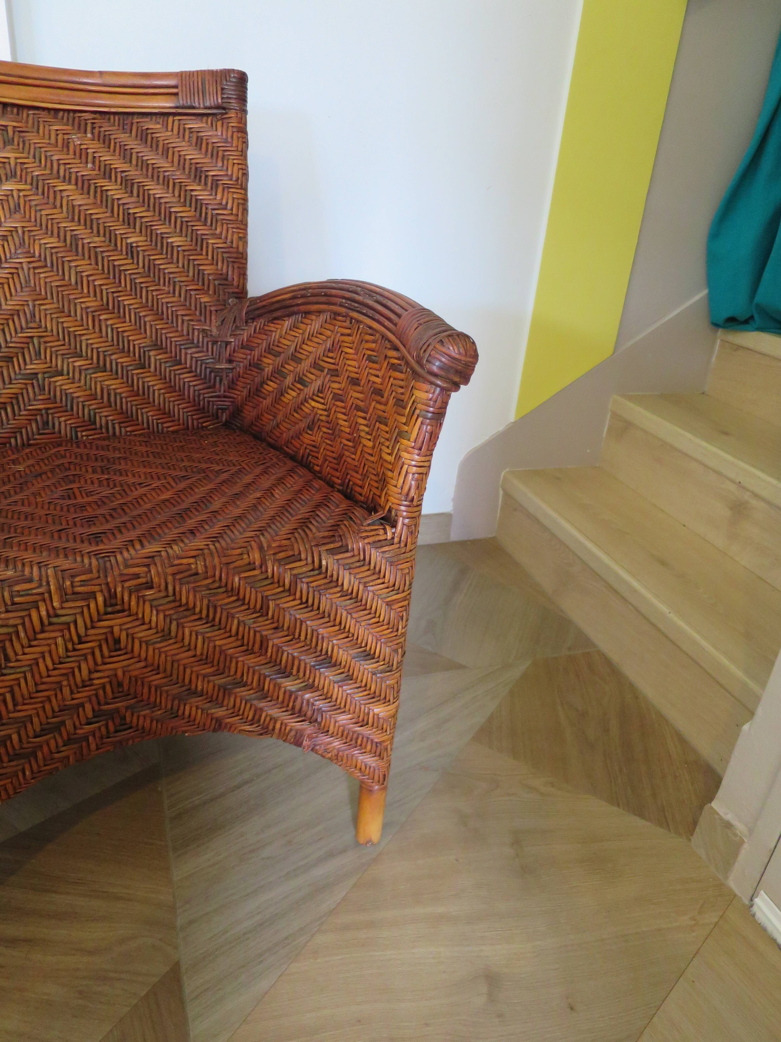 Two-seater banquette in woven rattan, wood and bamboo, 1980s.