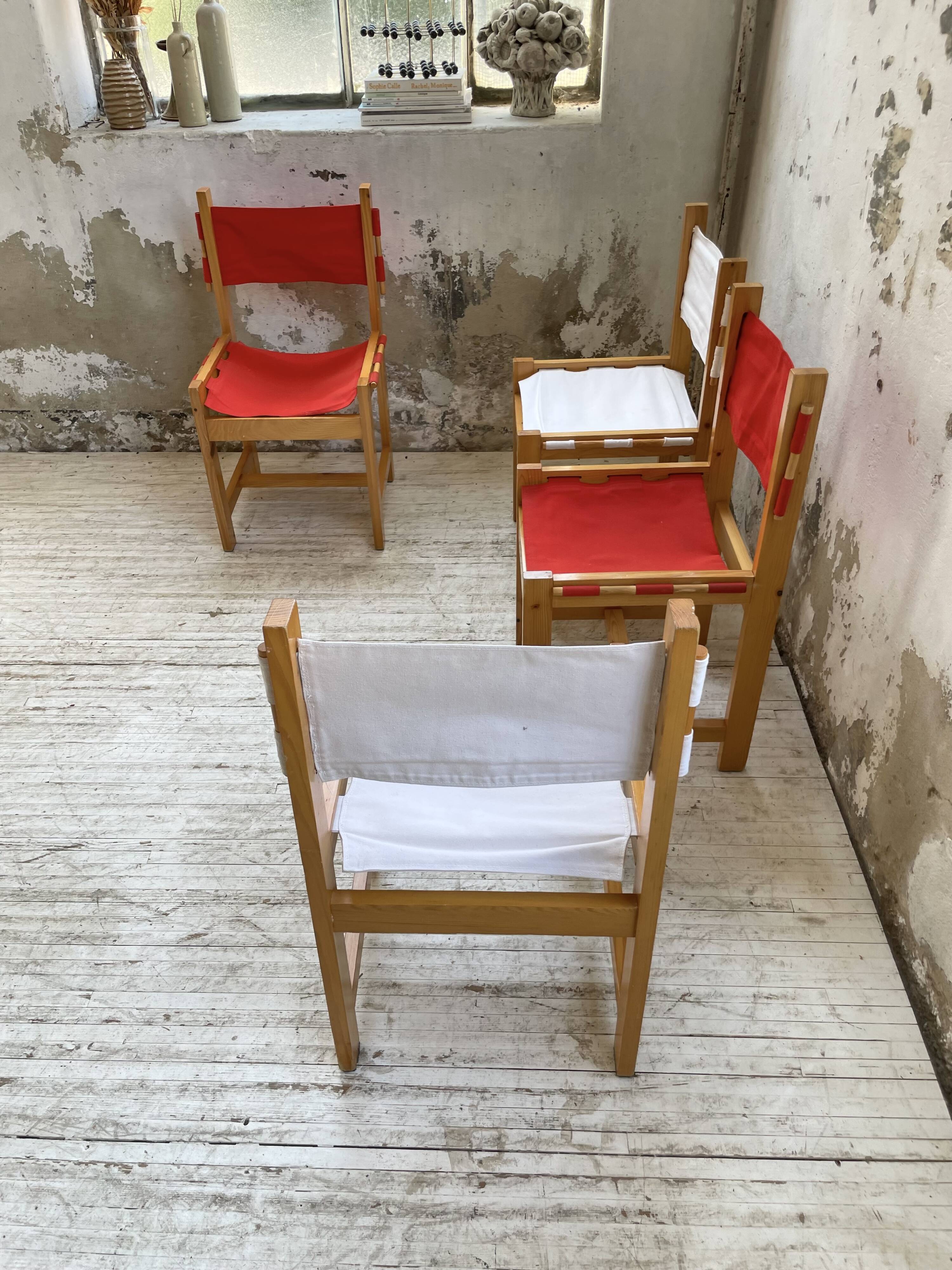 Set of 4 80s colored pine chairs
