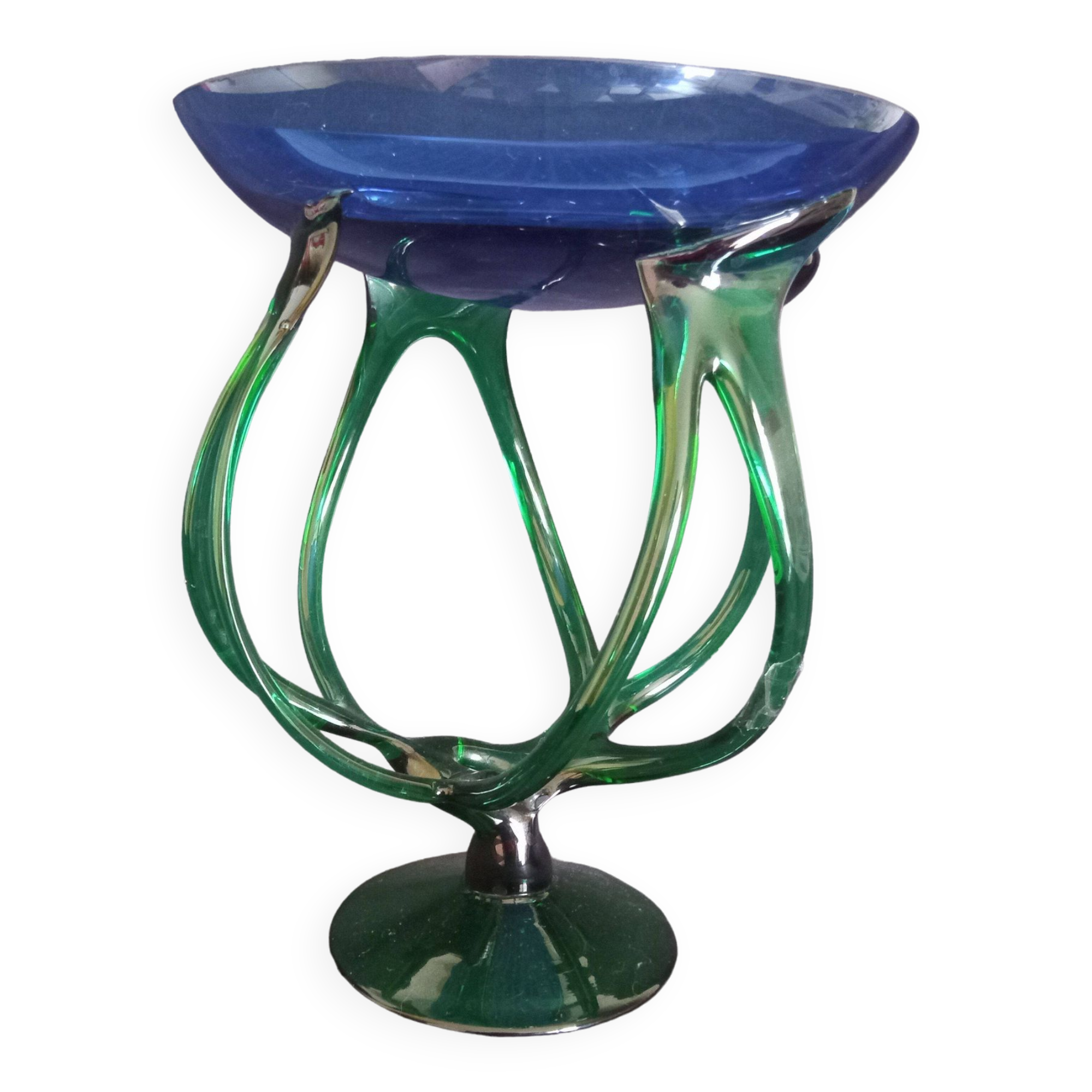 Bowl, centerpiece on twisted blue and green glass legs