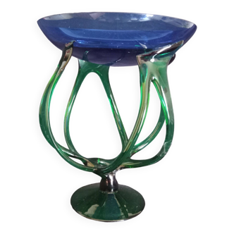 Coupe, centre de table sur pieds torsadées en verre bleu et vert