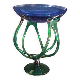 Centerpiece cup on twisted legs, blue and green color