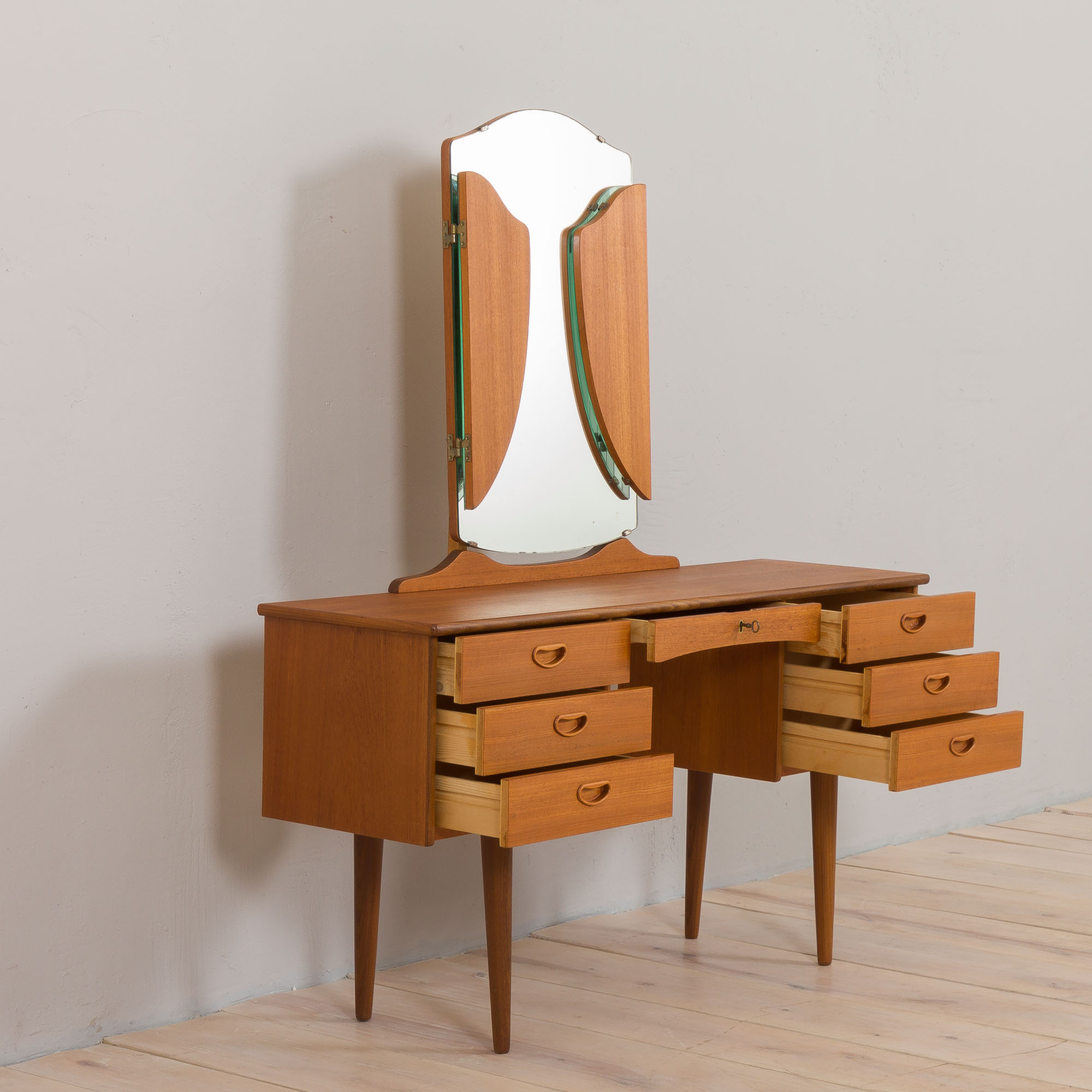 Vintage Scandinavian teak dressing table with adjustable mirrors and 7 drawers, Denmark 1960s