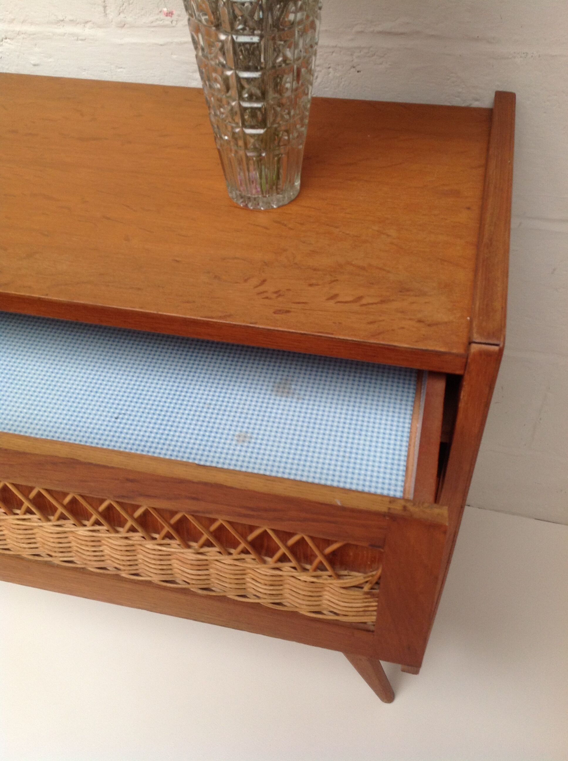 Vintage wooden and rattan chest of drawers in the 60s