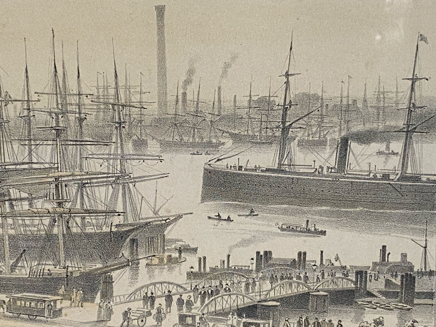 Lithograph under glass "Port of Hamburg", 19th century.
