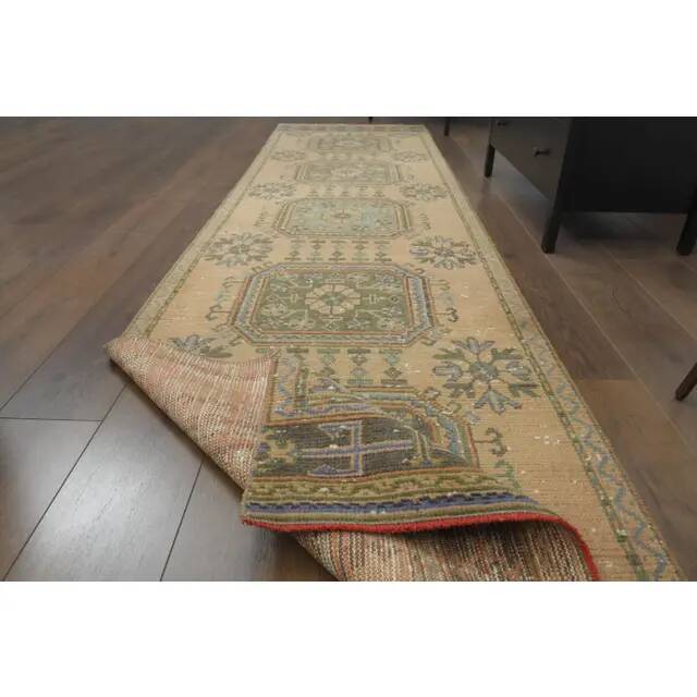 1970s Vintage Turkish Hand-Knotted Wool Cotton Orange Runner Rug 90x344