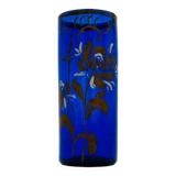 Antique blue glass vase, hand-painted bronze floral decoration / Art Nouveau