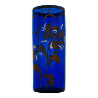 Antique blue glass vase, hand-painted bronze floral decoration / Art Nouveau