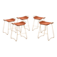 5 contemporary sculptural bar stools in metal, brass, and tobacco leather.