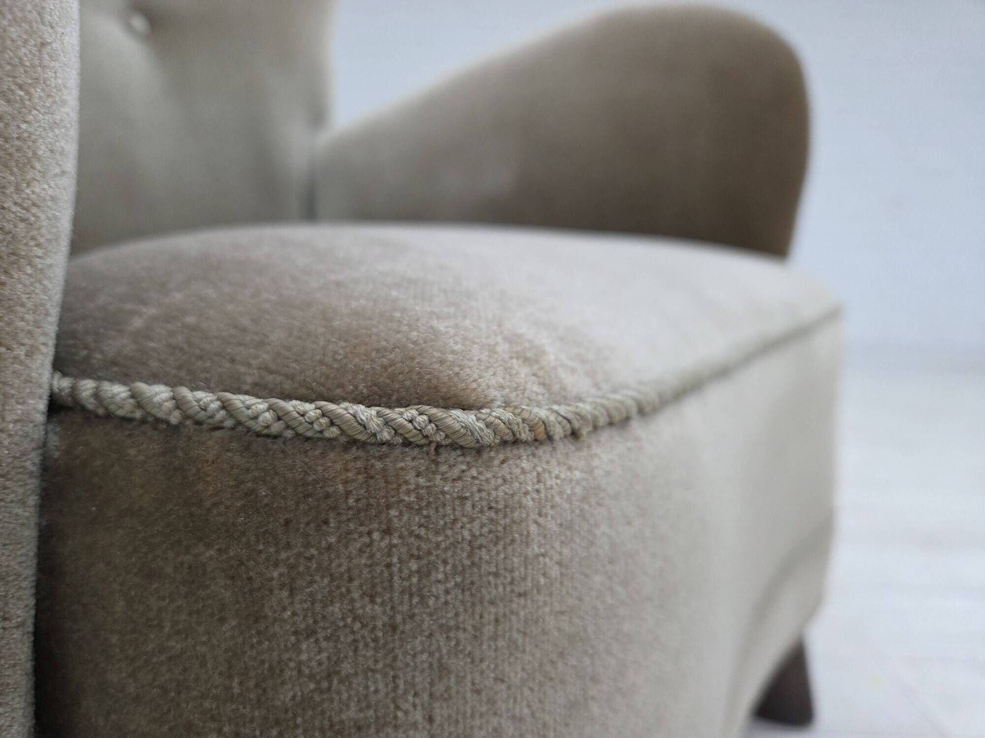 1960s, Danish armchair, green furniture velour, oak wood legs.