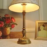 Lampe ancienne en bronze avec son abat-jour en tissu toile de Jouy bleu