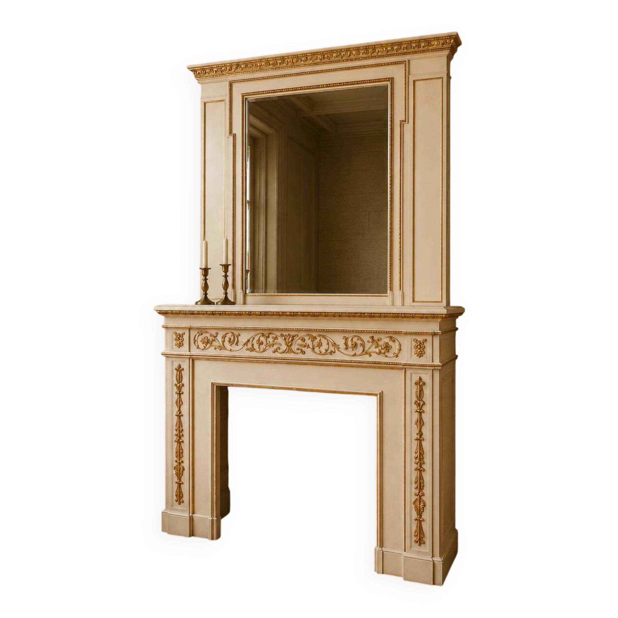 Importante cheminée de style Louis XVI, avec son trumeau le tout en bois