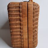 Mallette ou valisette en osier avec doublure en tissu vintage