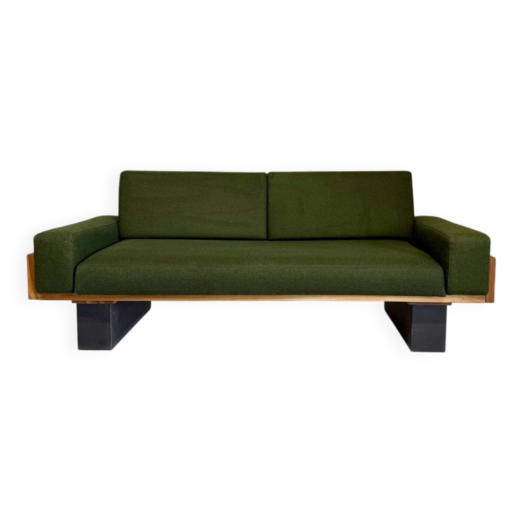 Vintage 3-seater sofa, green, solid wood, 70s/80s design