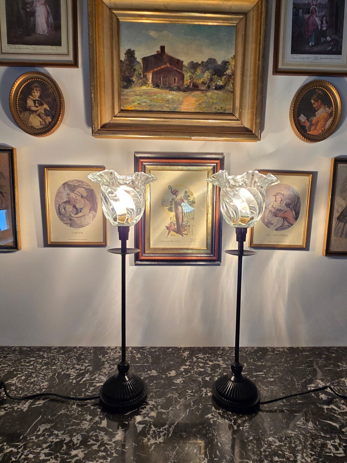 Pair of black and transparent glass vintage table lamps