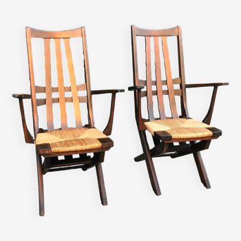 2 fauteuils vintage en chêne et paille, années 60