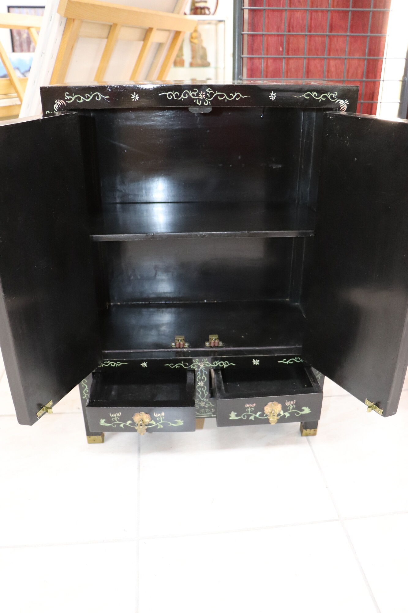 Small storage cabinet or bedside table lacquered black incised and painted