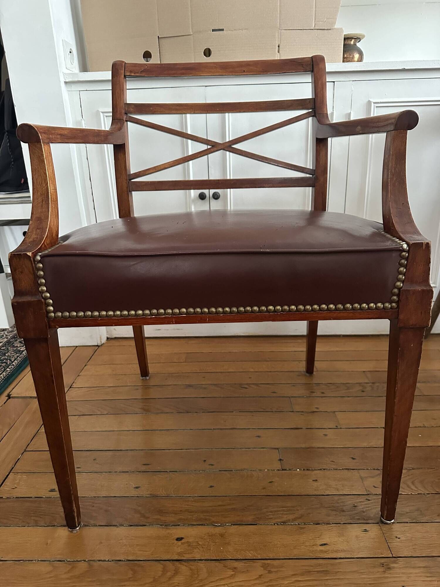 Pair of leather and wood bridge armchairs – Directoire style, 1940s