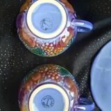 Service à thé, tête à tête, théière + 2 tasses et sous-tasses, faïence de Salins,  barbotine, TBE.