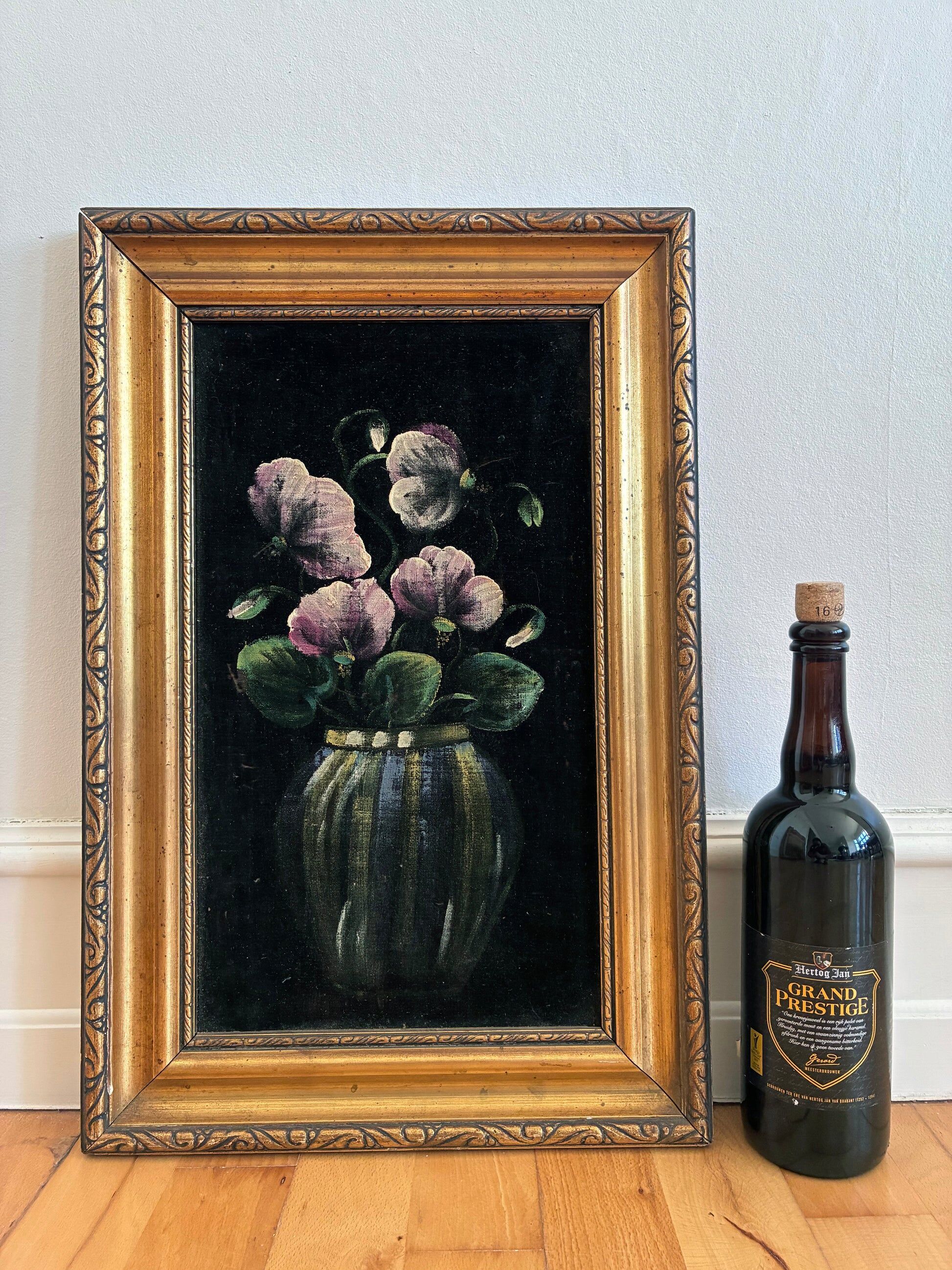 Vintage original velvet flower oil painting, pink flower still life art