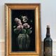 Vintage original velvet flower oil painting, pink flower still life art