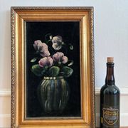 Vintage original velvet flower oil painting, pink flower still life art