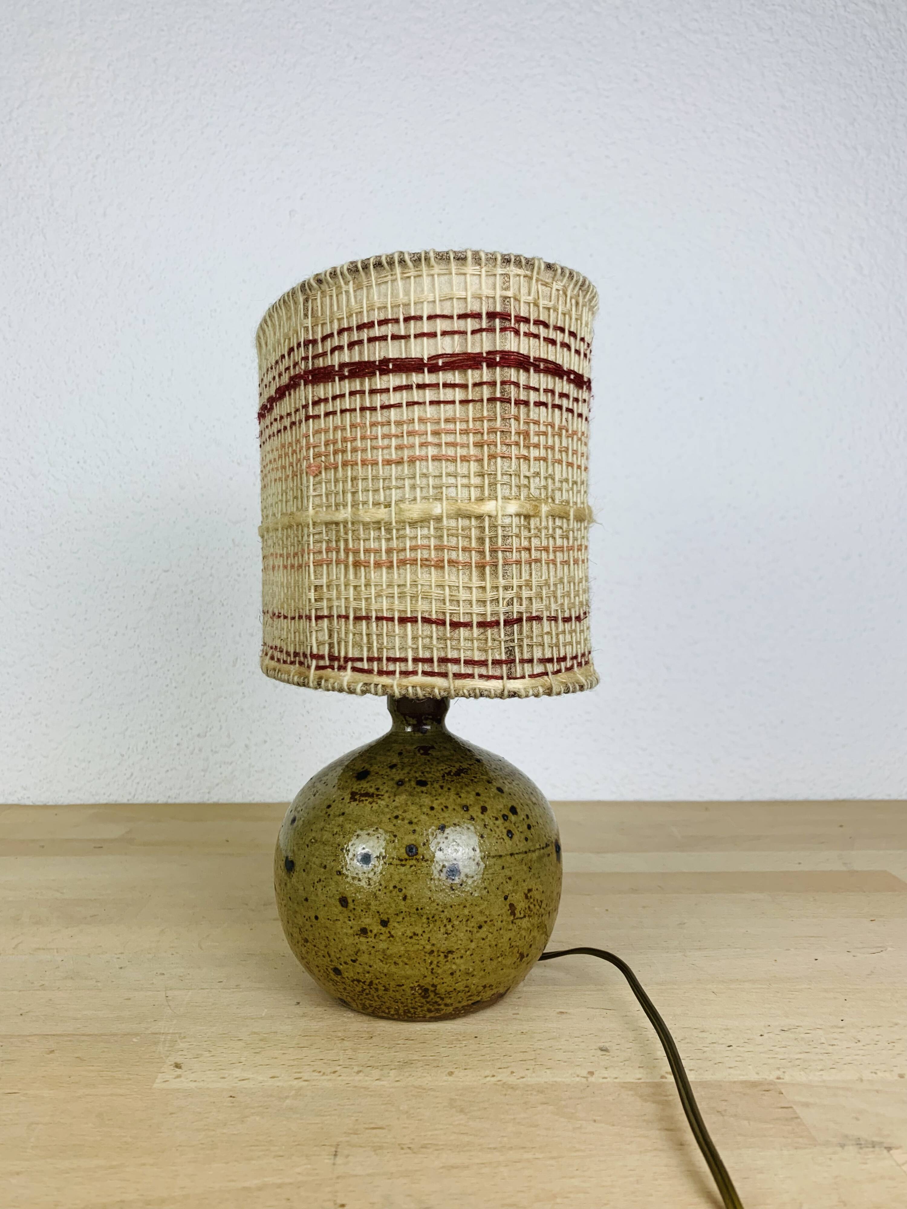 Pyrite stoneware ball lamp with vintage wool lampshade