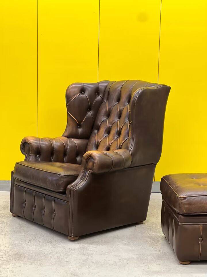 Brown leather chesterfield wing chair with Ottoman