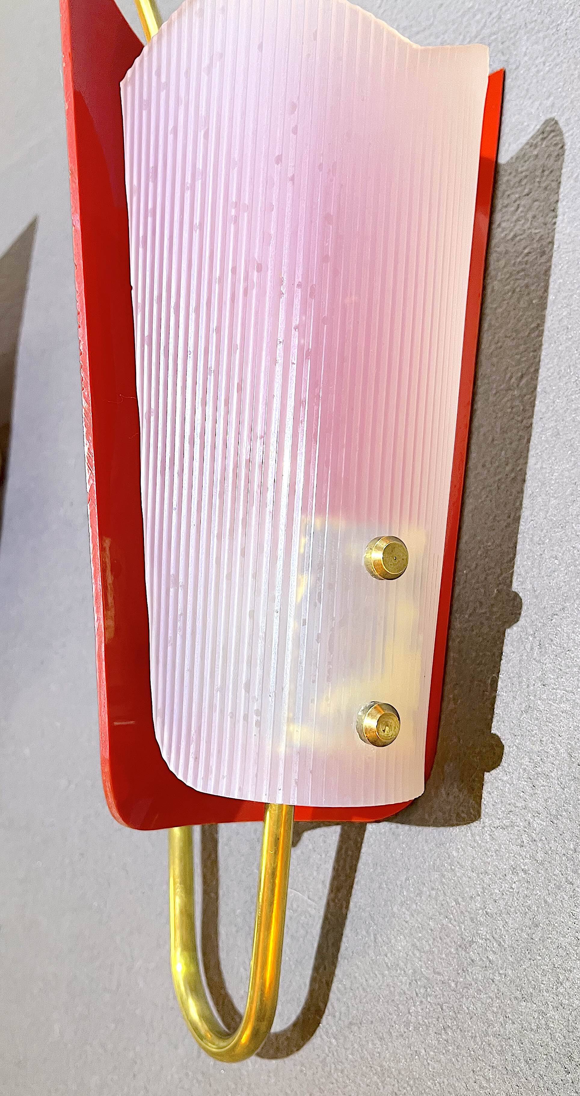 Gande Pair of Red Sconces in Brass and Pespex, Italy, Mid-Century