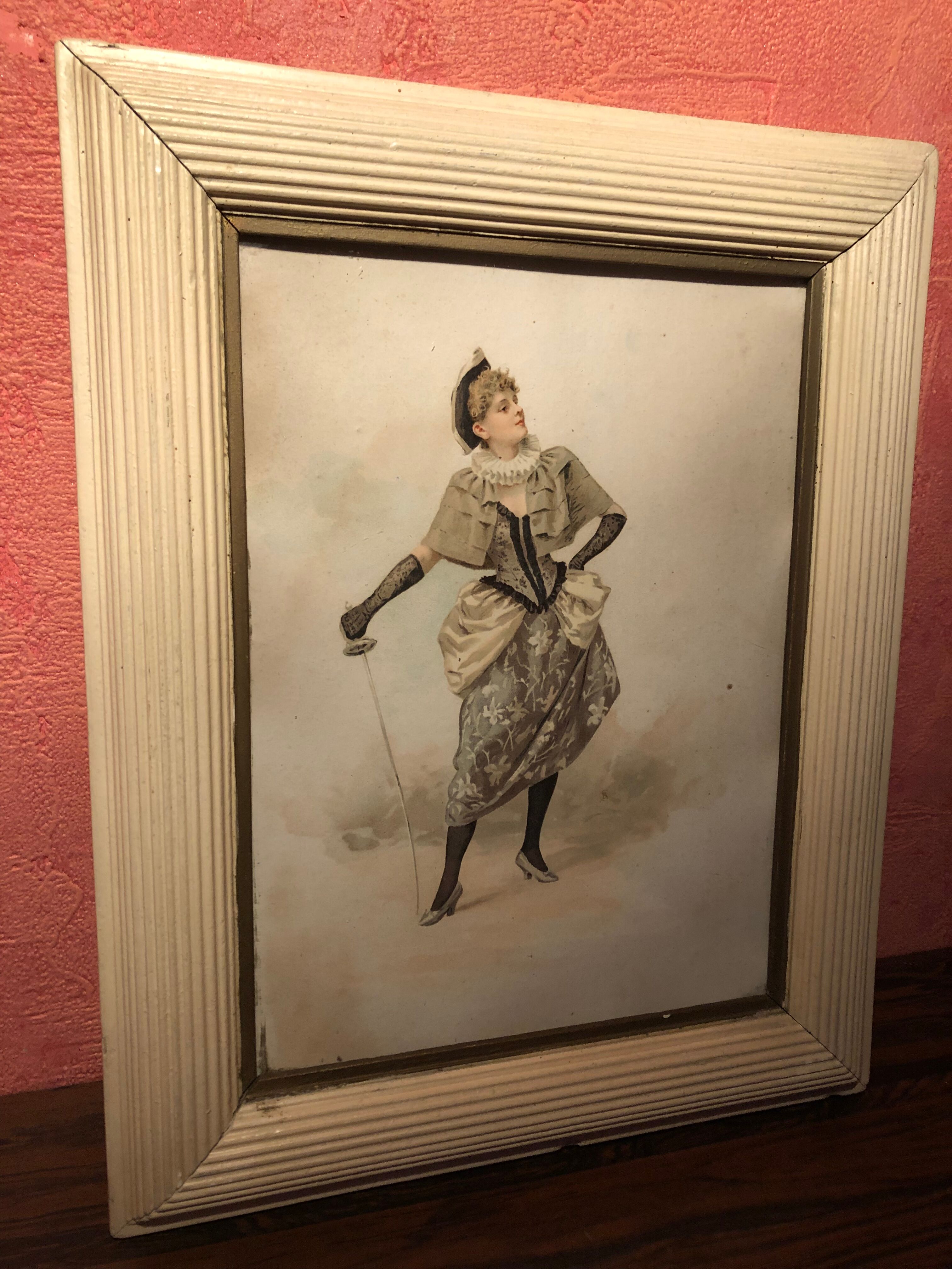Pair Old Fashion Engraving Color + Frame Wood Vintage Cream