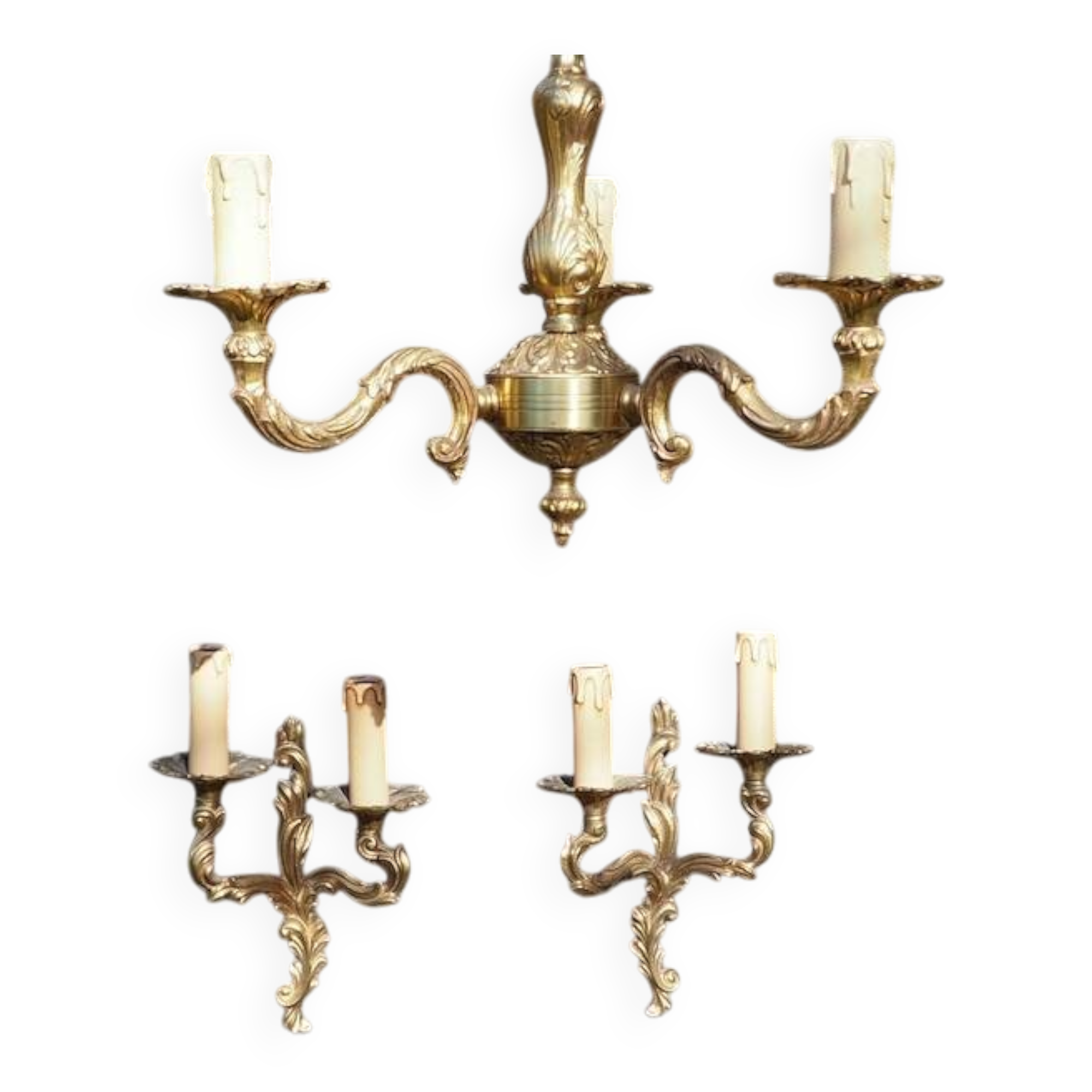 French Vintage Louis XV Style Bronze Candlestick & Sconce Set