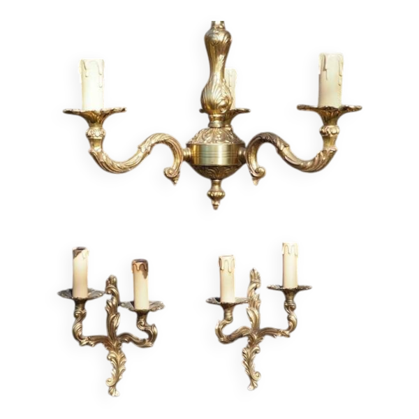French Vintage Louis XV Style Bronze Chandelier & Sconce Set