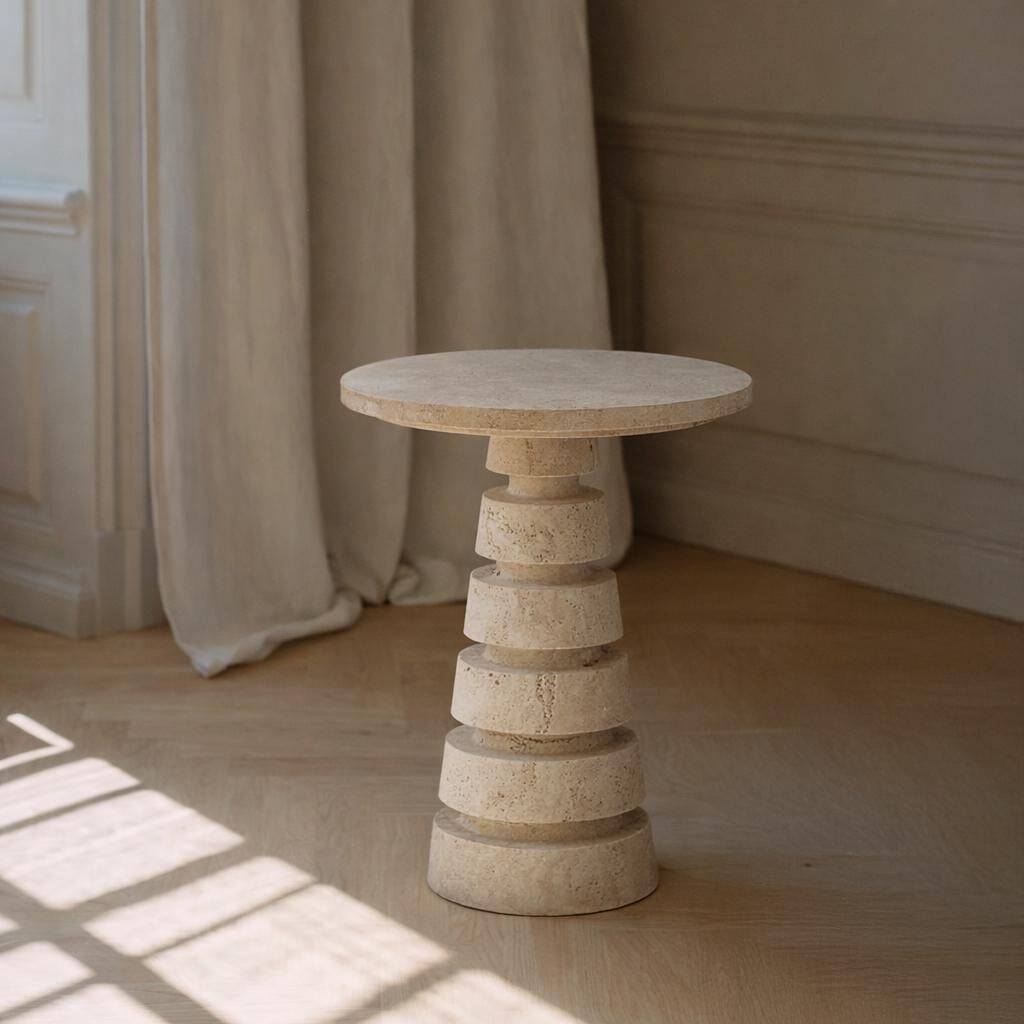 Side table 'LAYERED CONE' in travertine