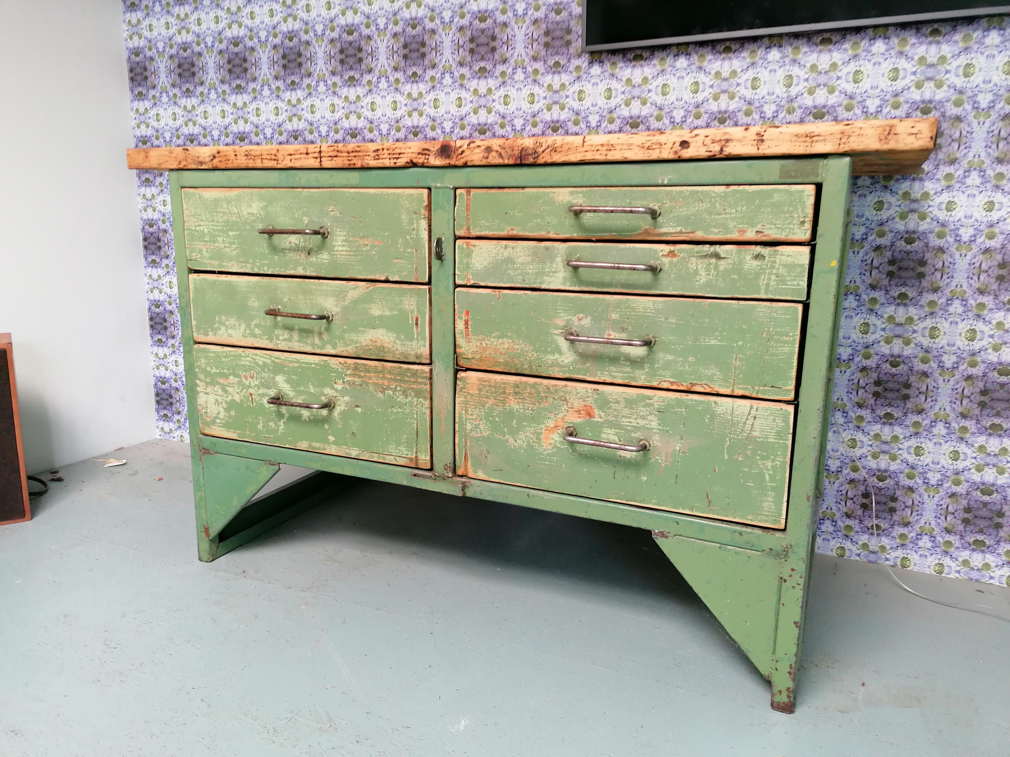 Old wooden garage workbench, industrial vintage.