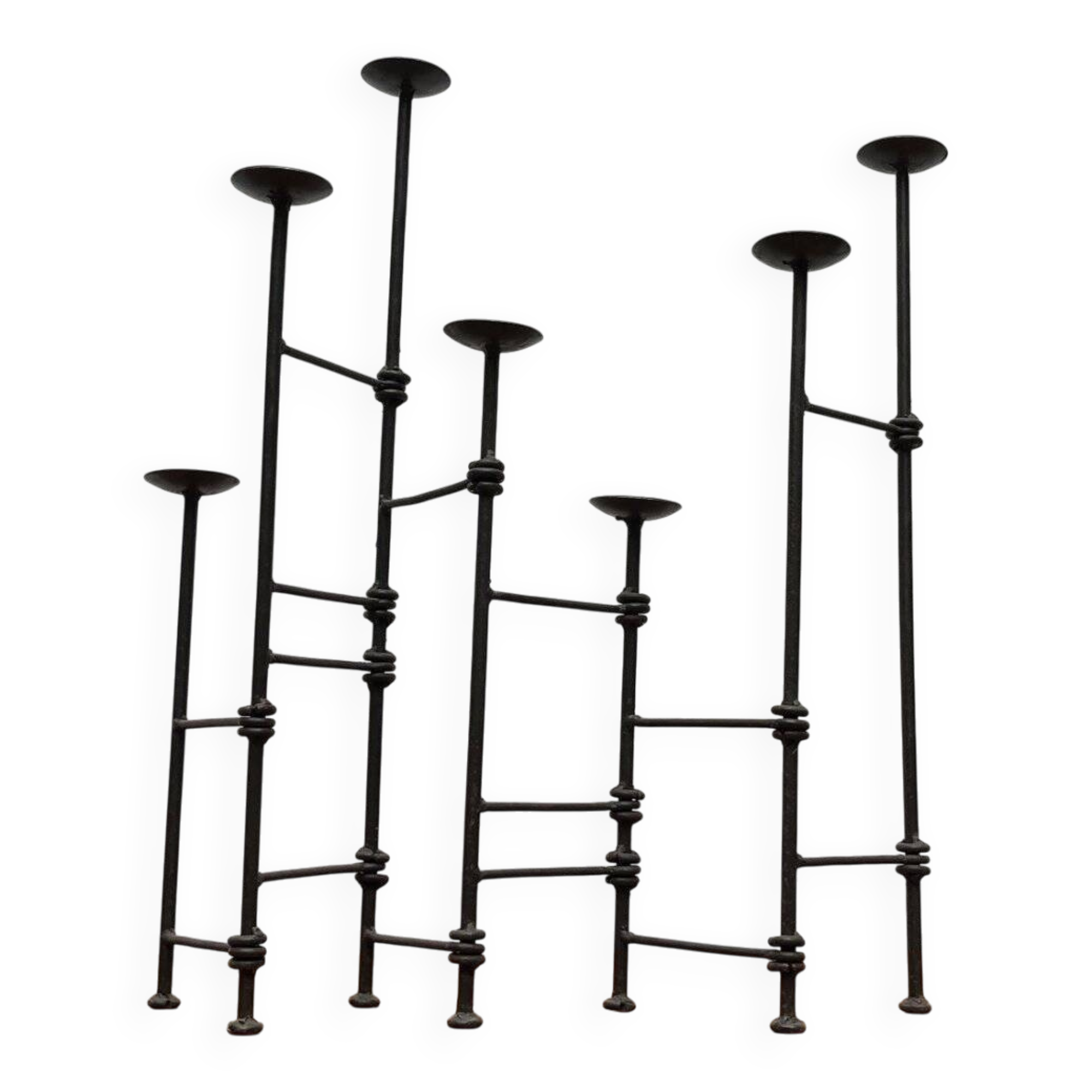 Mid-century brutalist extendable wrought iron floor chandelier, 1960s.