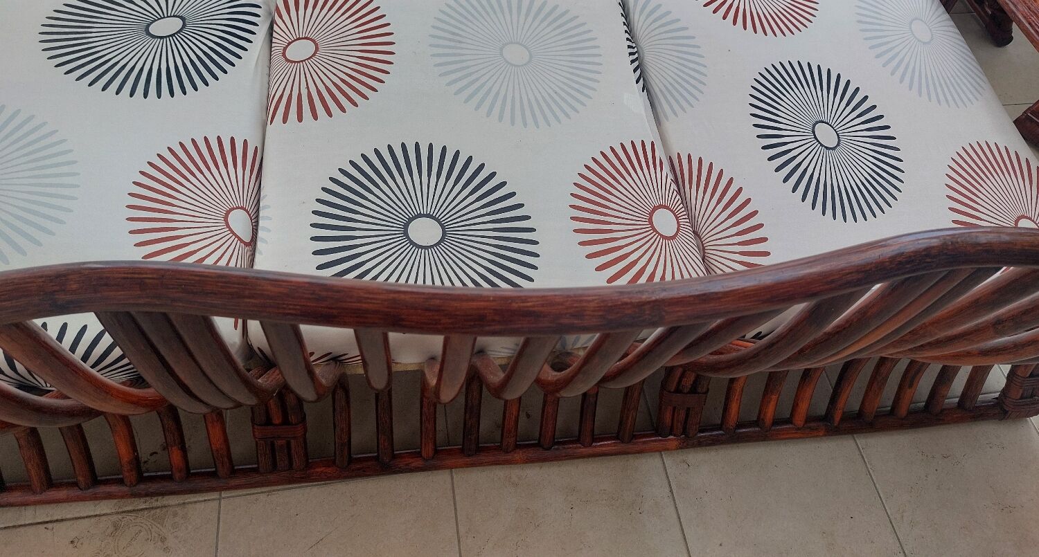 3-seater canapé MAUGRION – Rattan, leather ties – Vintage