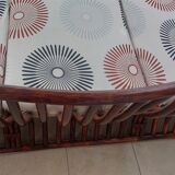 3-seater canapé MAUGRION – Rattan, leather ties – Vintage