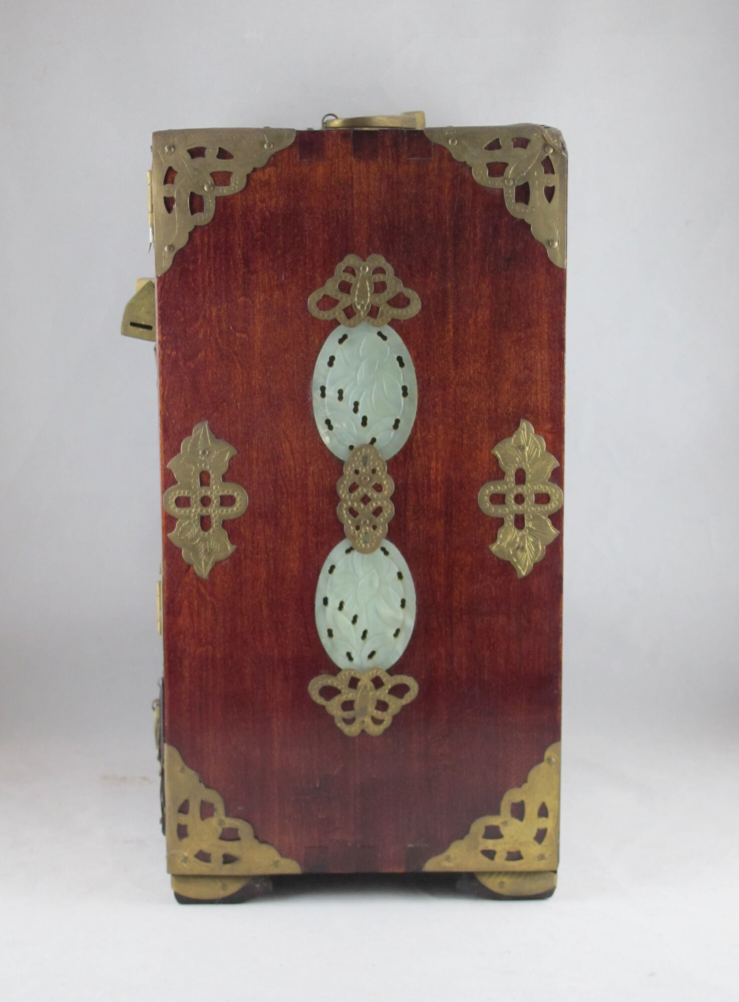 Very large Chinese wooden jewelry box adorned with jade plates
