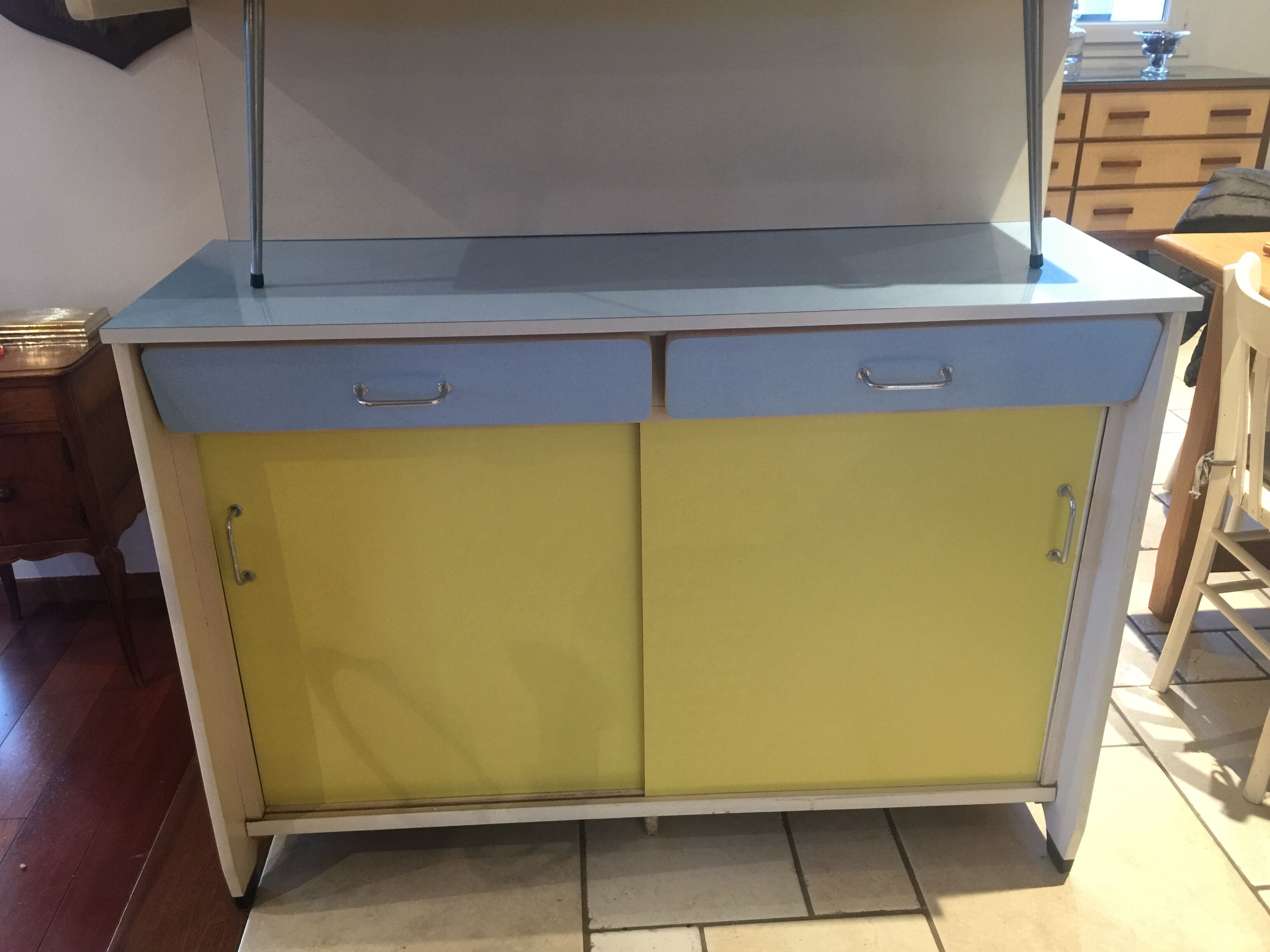 Blue and yellow formica buffet